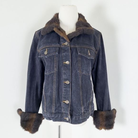 Y2K Denim Jacket Fur Lined Collar Button Up Down Long Sleeve Dark Wash - Picture 4 of 14